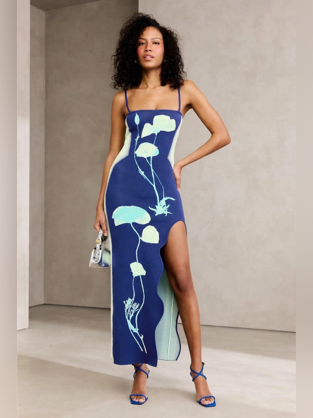 PH5 IRIS FLOWER PRINT MAXI TANK DRESS Blue Floral with Side Slit size S.